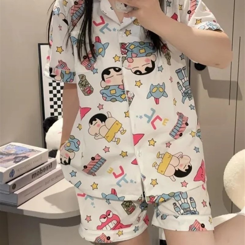 睡衣女夏季新款开 衫短袖韩版学生少女可爱仿棉休闲 居家