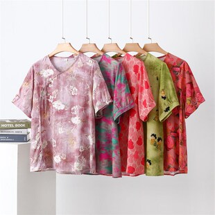 新中式棉绸上衣女夏季新款宽松大尺码气质修身薄款人造棉短袖t恤