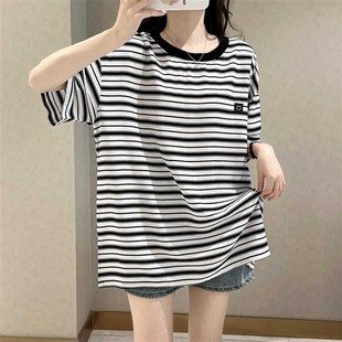 清新时尚百搭夏季女士人造棉套头条纹T恤宽松百搭短袖上衣棉绸