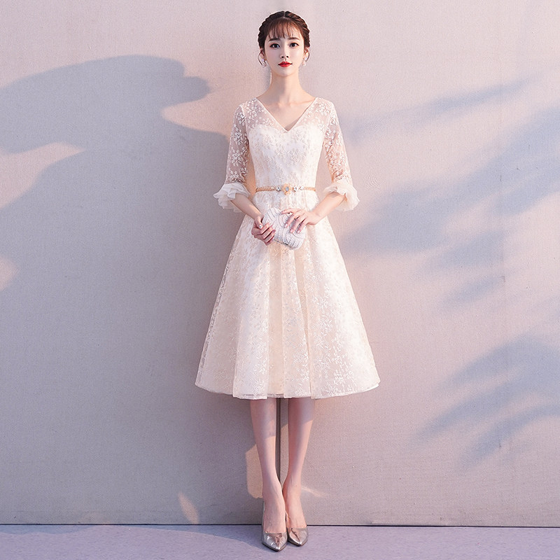 小晚礼服女2021新款秋冬宴会伴娘服蕾丝气质平时可穿姐妹团连衣裙