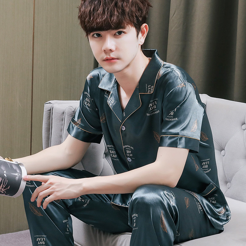 2022年新款冰丝短袖长裤男款睡衣套装丝绸宽松夏季休闲男士家居服