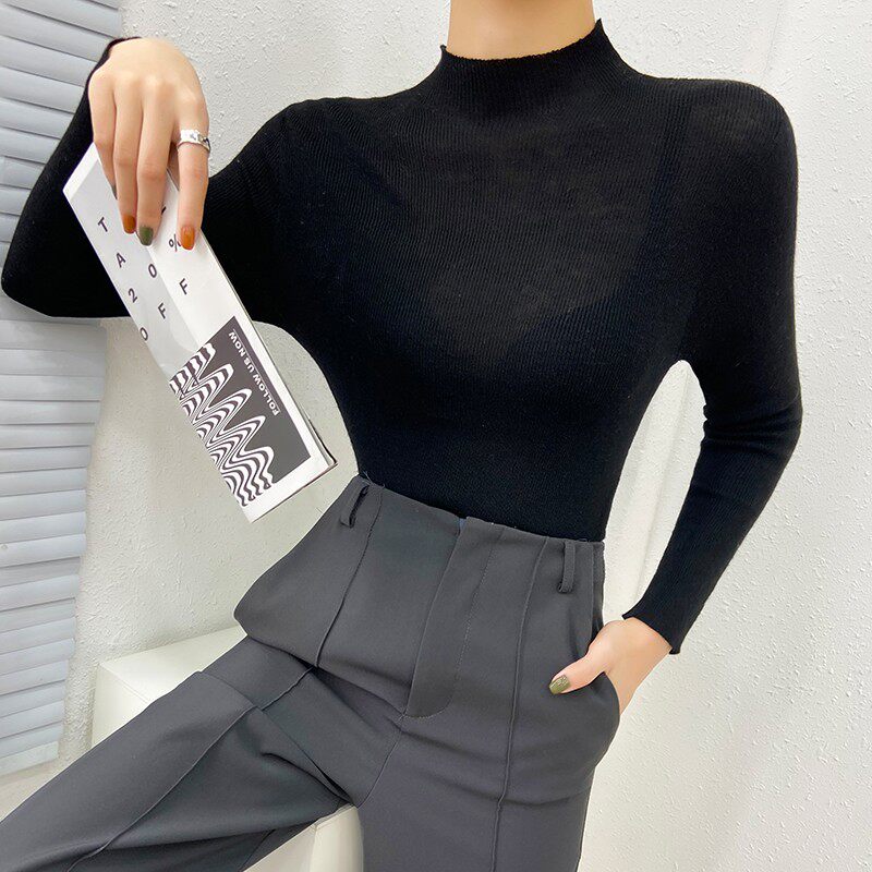 半高领毛衣女冬加厚日系复古慵懒上衣修身软糯内搭打底衫长袖t恤