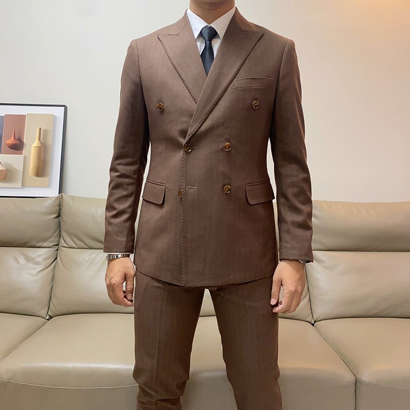 秋季新款英伦修身条纹西服套装男韩版商务休闲西装两件套结婚礼服