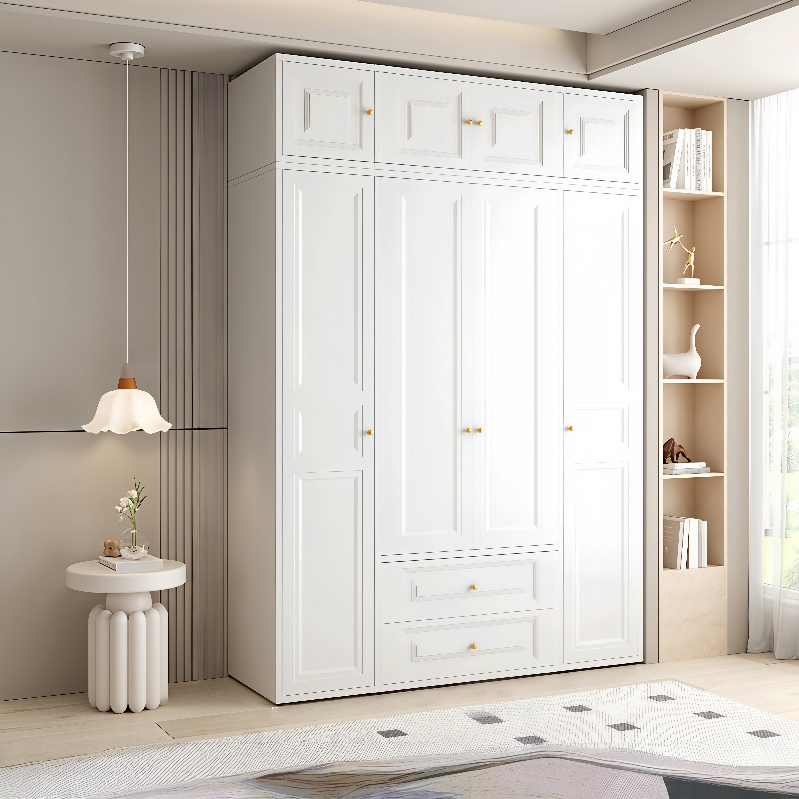 家用钢制带抽屉衣柜法式奶油风衣柜卧室儿童大容量衣柜铁皮大衣橱