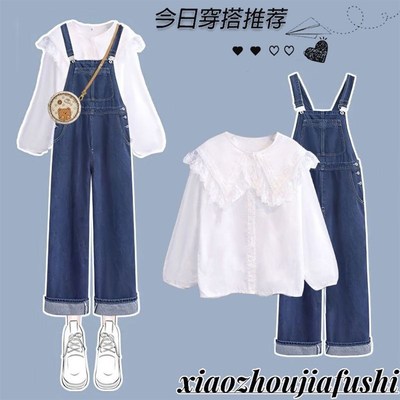 12到13一15岁大童女装春季套装初中学生少女衬衫牛仔背带裤两件套