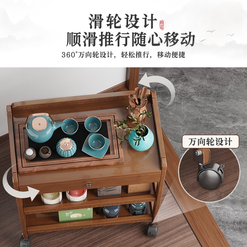 实木置物架客厅落地式可移动推车茶水桌厨房多层简易夹缝收纳柜子