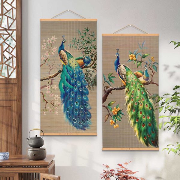 孔雀现代装饰画客厅沙发背景墙艺术挂画玄关进门入户竹帘卷轴挂画图片