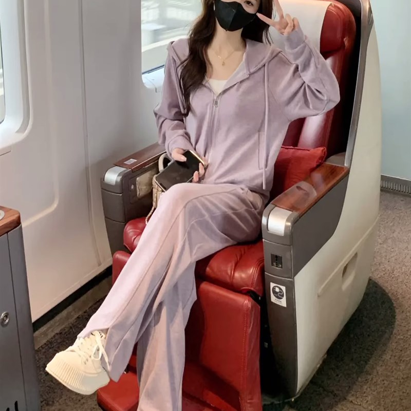 高级感运动风套装女春秋时t尚穿搭一整套连帽上衣阔腿休闲裤两件