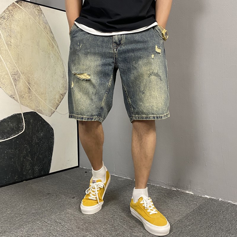 夏季美式休闲水洗复古黄泥色破洞牛仔短裤L男直筒宽松潮牌五分裤