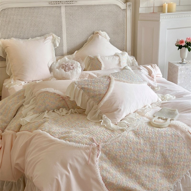 韩式清新100支全棉磨毛四件套秋冬保暖加厚公主少女蕾丝花边被套