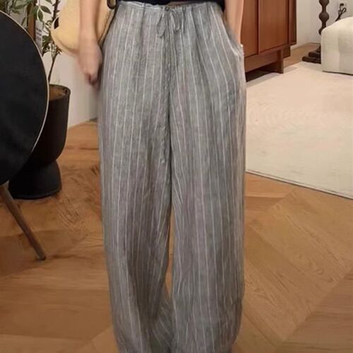 慵懒风棉麻条纹男友阔腿裤女2024夏季新款薄款S松紧腰时尚休闲长