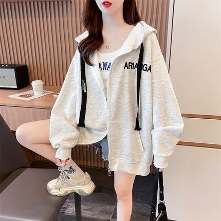 纯棉连帽开衫卫衣女秋冬季202y4年新款设计感洋气宽松薄款外套上