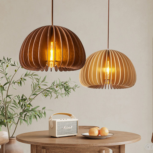实木南瓜吊灯北欧饭厅餐桌灯客厅卧室床头吊线灯侘寂风设计感灯具