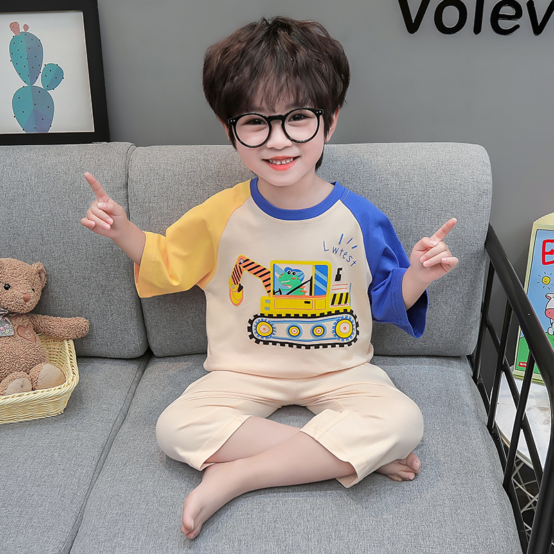 儿童纯棉睡衣夏季男童恐龙家居服分体薄款宝宝空调服卡通挖机男孩