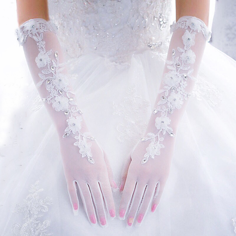 韩式新娘加长手套白色五指蕾丝钻长款包指婚礼遮疤手套结婚婚庆