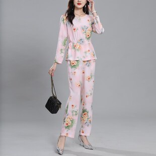 2024夏秋季新款人造棉绸套装女士D时尚减龄外穿妈妈洋气长袖两件