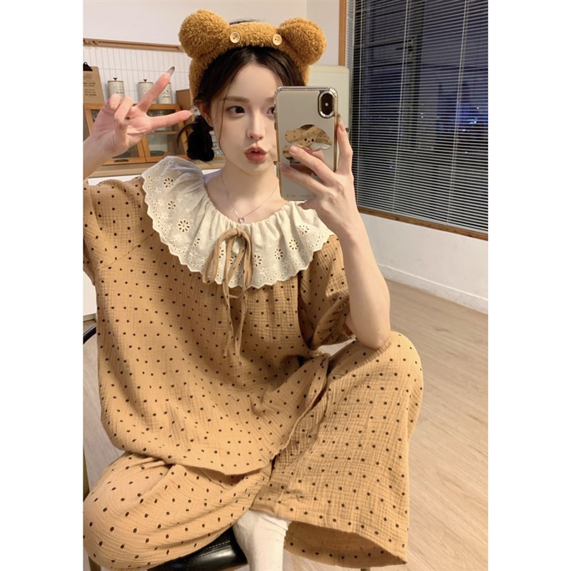 睡衣女款夏季短袖长裤日系田园风波点甜美蕾丝圆领纯棉大码家居服