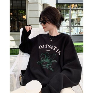 阿一 高支高密h 简约花朵印花圆领卫衣女秋季宽松休闲美式复古上