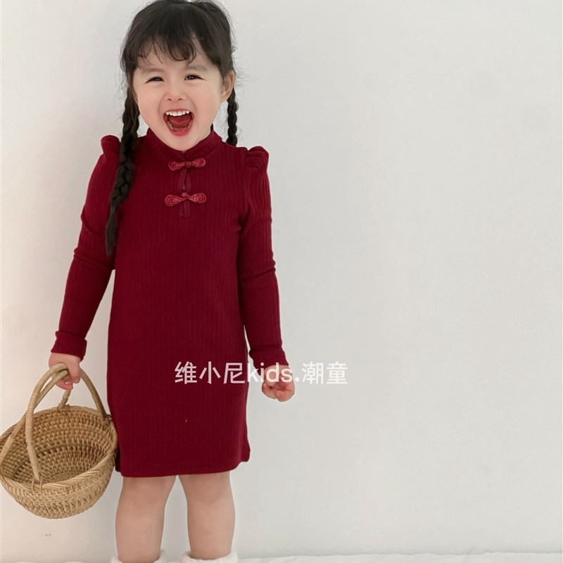 女童旗袍裙2024秋冬新款宝宝复古洋气新中式旗袍连衣裙内搭打底裙