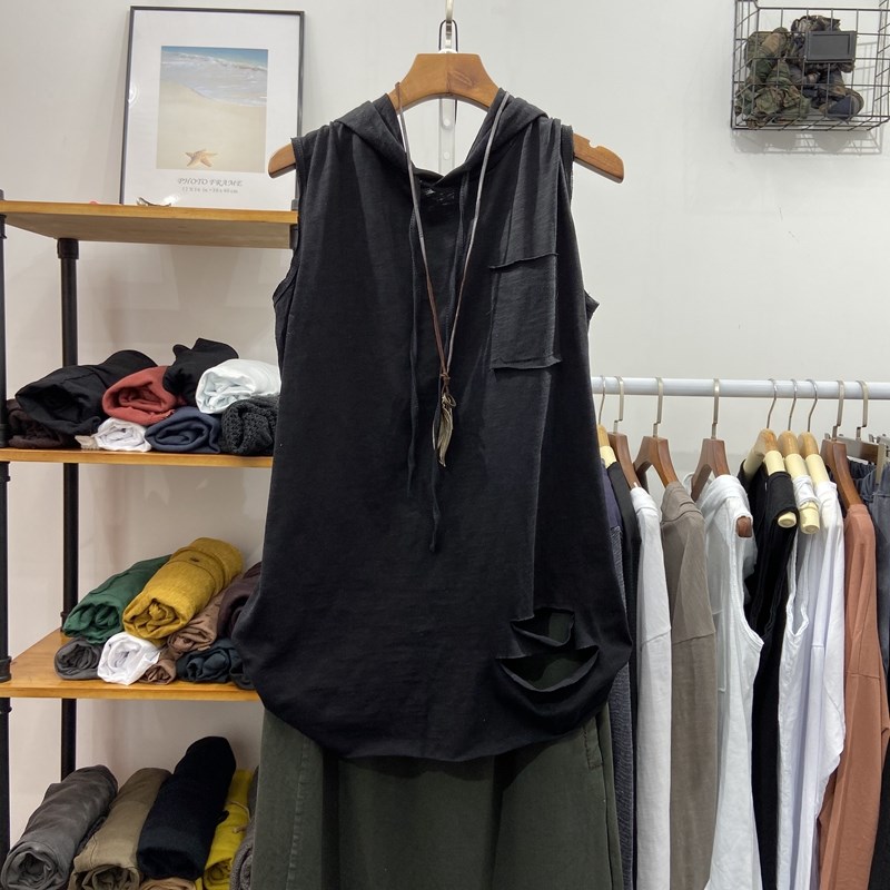 2020春装新破洞连帽背心女韩版宽大竹节棉吊带无袖U外穿t恤打底衫