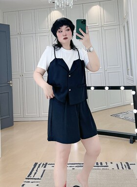 设计感拼接假两件通勤套装大码女装200斤胖Lmm高级感T恤短裤两件