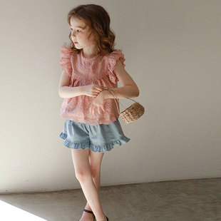 童装 韩版 洋气修身 薄款 儿童体恤 女童上衣短袖 镂空纯色圆领飞袖 夏季