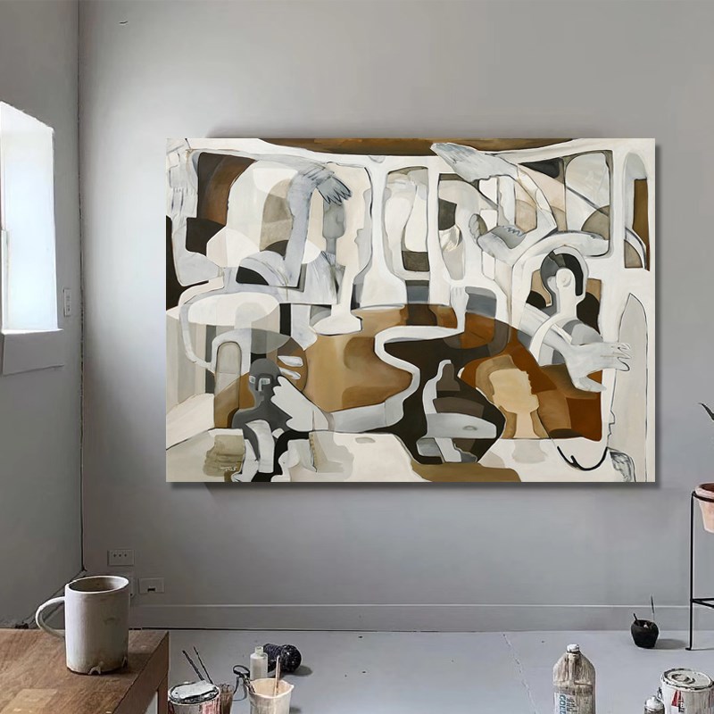手绘油画棕灰色几何抽象挂画客厅餐厅横幅艺N术装饰画别墅大厅墙