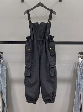 欧货工装背带裤女2024夏季薄款减E龄收腰抽绳宽松休闲束脚哈伦裤