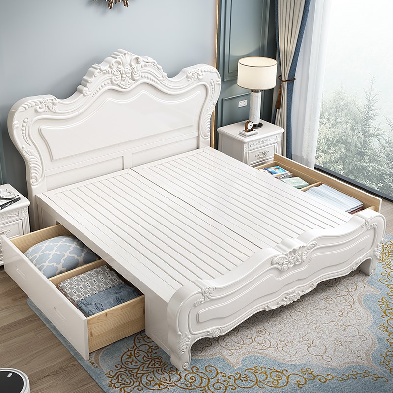 欧式白色实木床1.8米双人床美式简约现代高箱雕花主卧公主床婚床