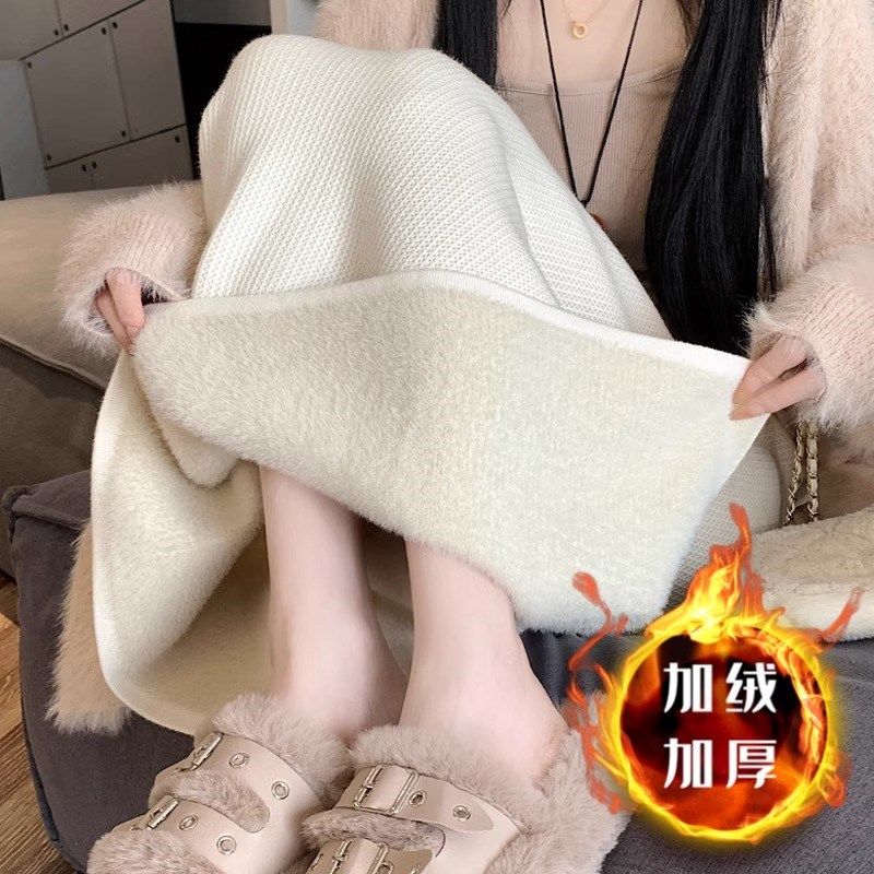 加绒加厚针织半身裙女秋冬新款高腰显瘦直筒裙松紧腰中长款包臀裙