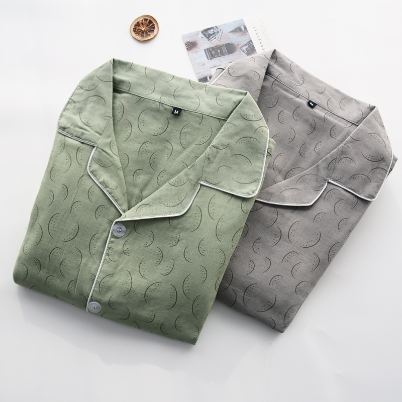 日式西瓜款男士睡衣春秋夏季纯棉纱布双层薄款大码长袖家居服套装