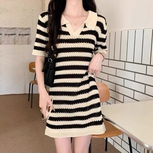 镂空条纹短袖 夏季 高级感小个子港风别致显瘦中长款 法式 连衣裙 女装