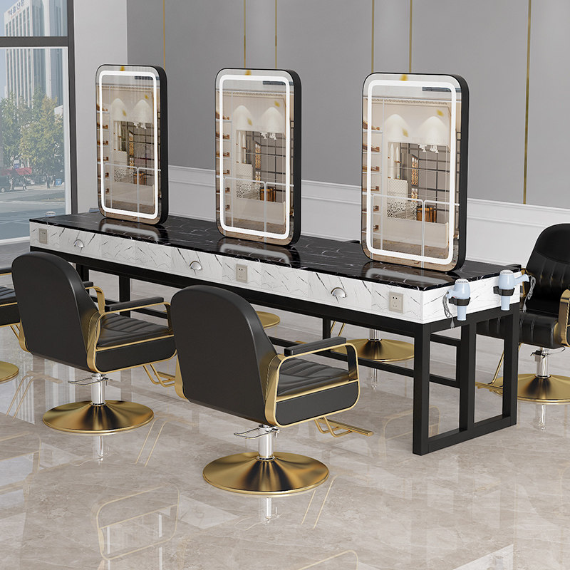 美发店镜子ledk灯发廊单面剪发镜网红理发店镜台大理石双面烫染桌