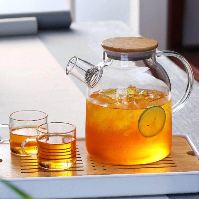 硼硅透明果汁花茶壶木盖大容量侧嘴设计 家用耐热玻璃凉水壶