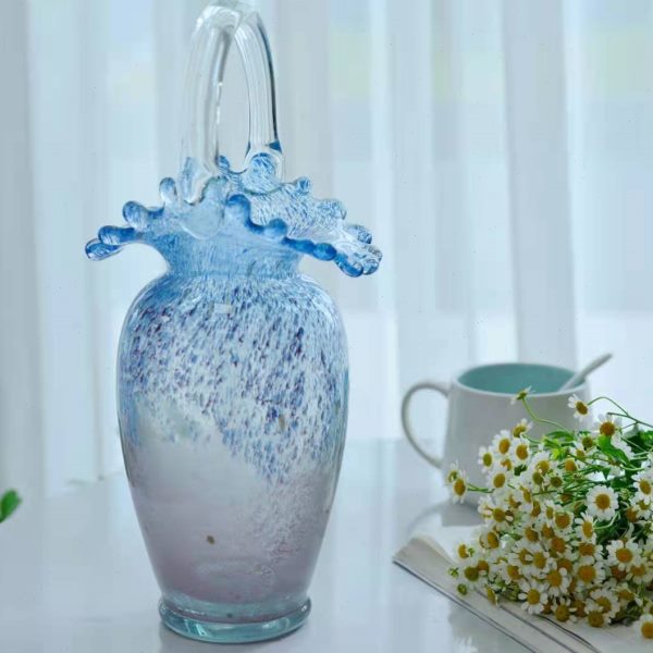 器瓶边花瓶水养水子口家居摆件手提篮金波浪插花绿色洒卷滴纯手工