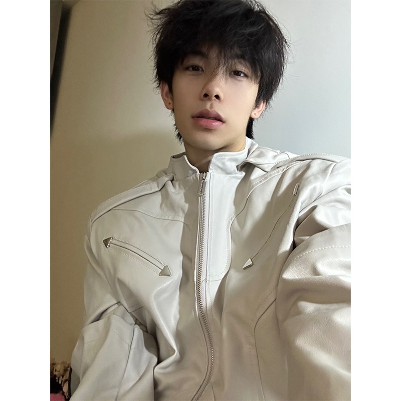 稻风/Caimr短款垫肩皮衣外套男秋冬vibe风男生白色美式飞行员夹克