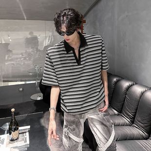 复古2025新款 男夏季 美式 重磅老钱 半袖 Caim条纹v领polo衫 稻风 短袖