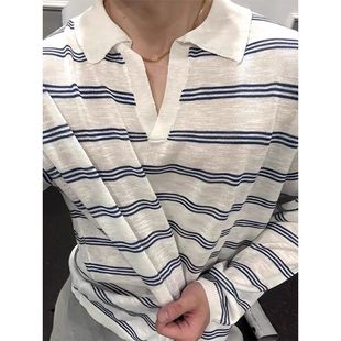 慵懒冰丝撞色polo衫 稻风 夏季 Caim蓝白条纹v领长袖 轻薄透 T恤男款