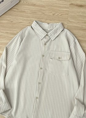 日系工装风条纹衬衫男女长袖翻领宽松休闲百搭简约衬衣长袖外衣男