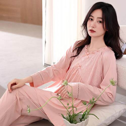 睡衣女春秋季纯棉长袖休闲可外穿家居服秋款女款简约圆领全棉套装