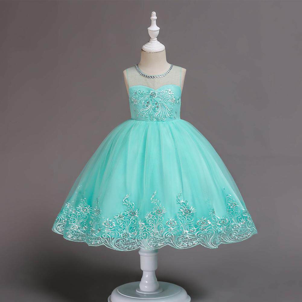 欧美女童晚礼服花童礼服无袖绣花镶钻公主裙儿童婚纱裙主持表演服