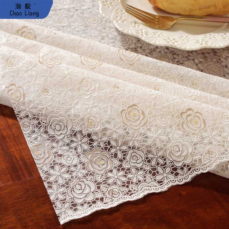 桌布防水防油防烫蕾丝书桌垫免洗可擦加厚台布塑料烫金pvc餐饗嘂