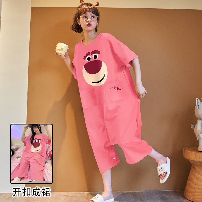 短袖连体睡衣女夏季纯棉可爱草莓熊学生家居服孕妇胖UMM少女士睡