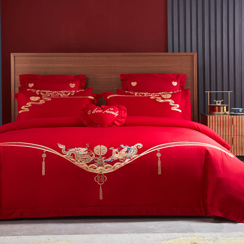 中式婚庆四件套全棉大红色刺绣被套纯棉简约结婚床上用品婚嫁婚房