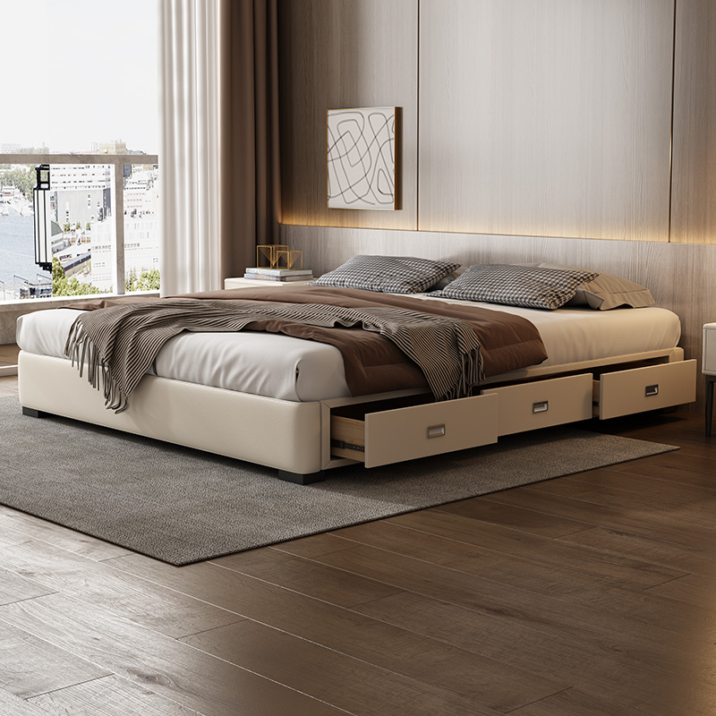意式无床头真皮床轻奢现代简约主卧双人小户型带抽屉储物软包婚床