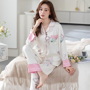 冰丝睡衣女士春秋夏季长袖薄款真丝绸开J衫大码中年妈妈家居服套