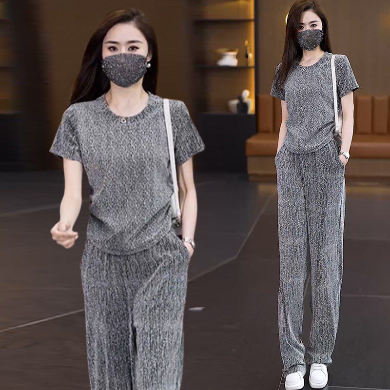 夏季洋气通勤短袖裤子两件套女大码女装2025夏季新款休闲时尚套装