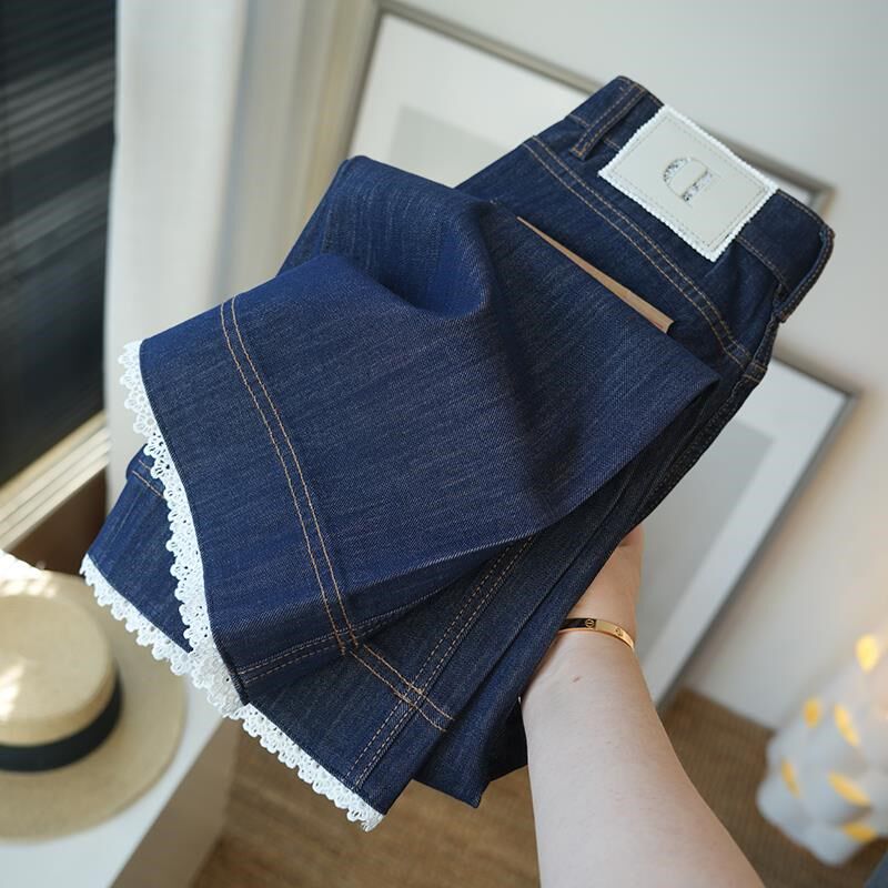 花边刺绣~四面弹显瘦显腿直高腰九分直筒牛仔裤女阔腿裤春季989H