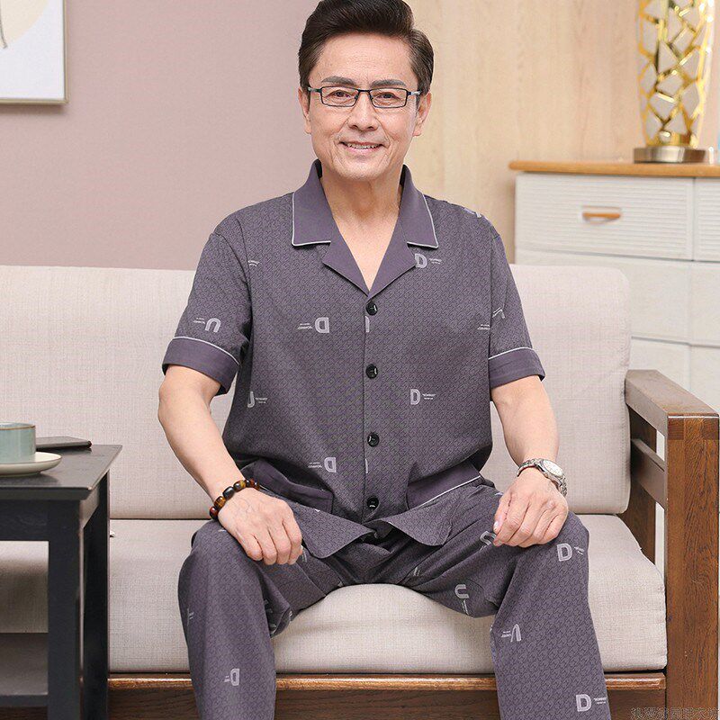 睡衣男夏季中老年纯棉男装u短袖长裤薄款中年爸爸可外穿家居服套