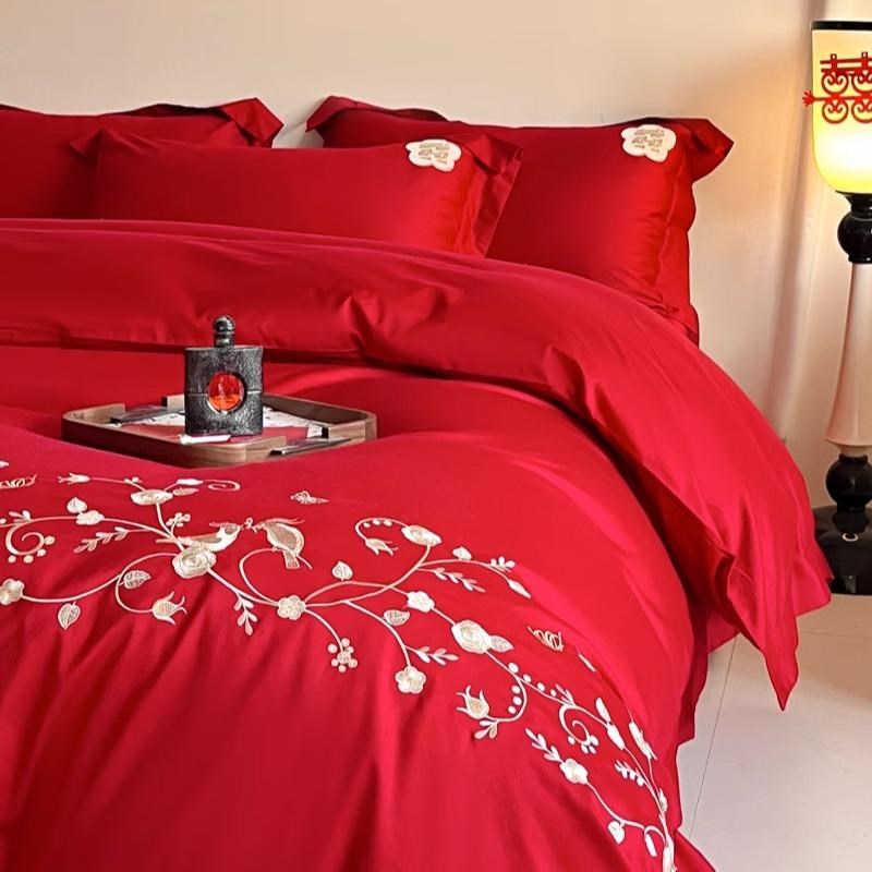 高端100支结婚四件套婚庆床单大红色喜被纯棉被套新婚嫁床上用品4